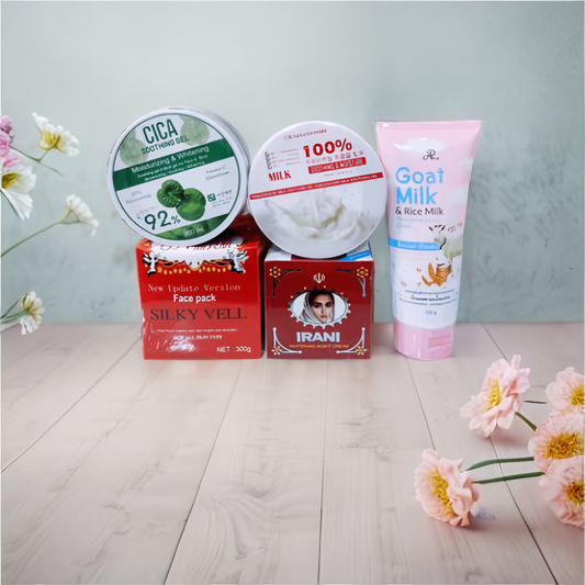 Irani Night Cream + Silky Vell Facepack + Goat Milk Facewash + Milk Soothing Gel Combo with GIFT!